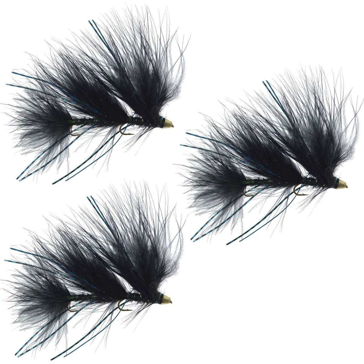 Set of 3 Circus Peanut Envy Black trout wet flies, size 6, articulated streamer flies for fly fishing by The Fly Fishing Plac
