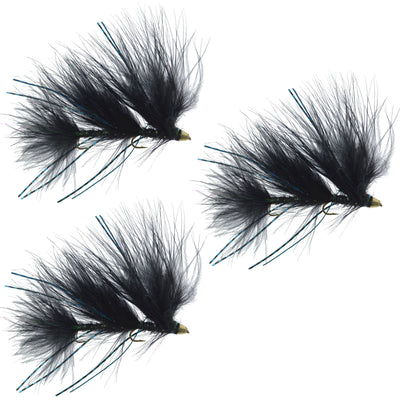 Set of 3 Circus Peanut Envy Black trout wet flies, size 6, articulated streamer flies for fly fishing by The Fly Fishing Place.