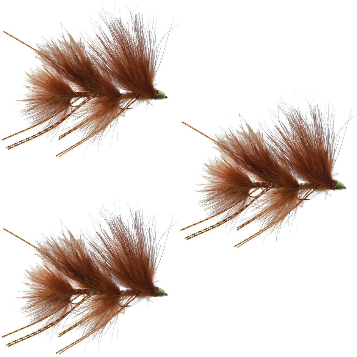 Set of three brown Circus Peanut Envy articulated trout wet flies for fly fishing, size 6, by The Fly Fishing Place.