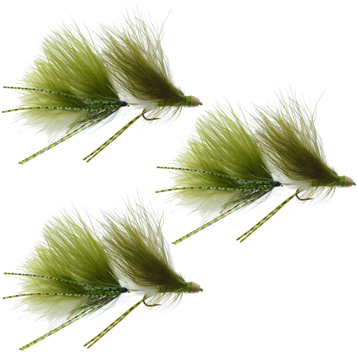 Set of three Circus Peanut Envy articulated trout wet flies in green and white, size 6, designed for fly fishing.
