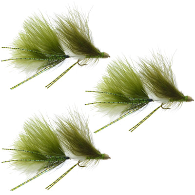 Set of three Circus Peanut Envy articulated trout wet flies in green and white, size 6, designed for fly fishing.