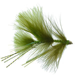Three Circus Peanut Envy Olive trout wet flies with articulated streamers, size 6, designed for fly fishing by The Fly Fishing Place