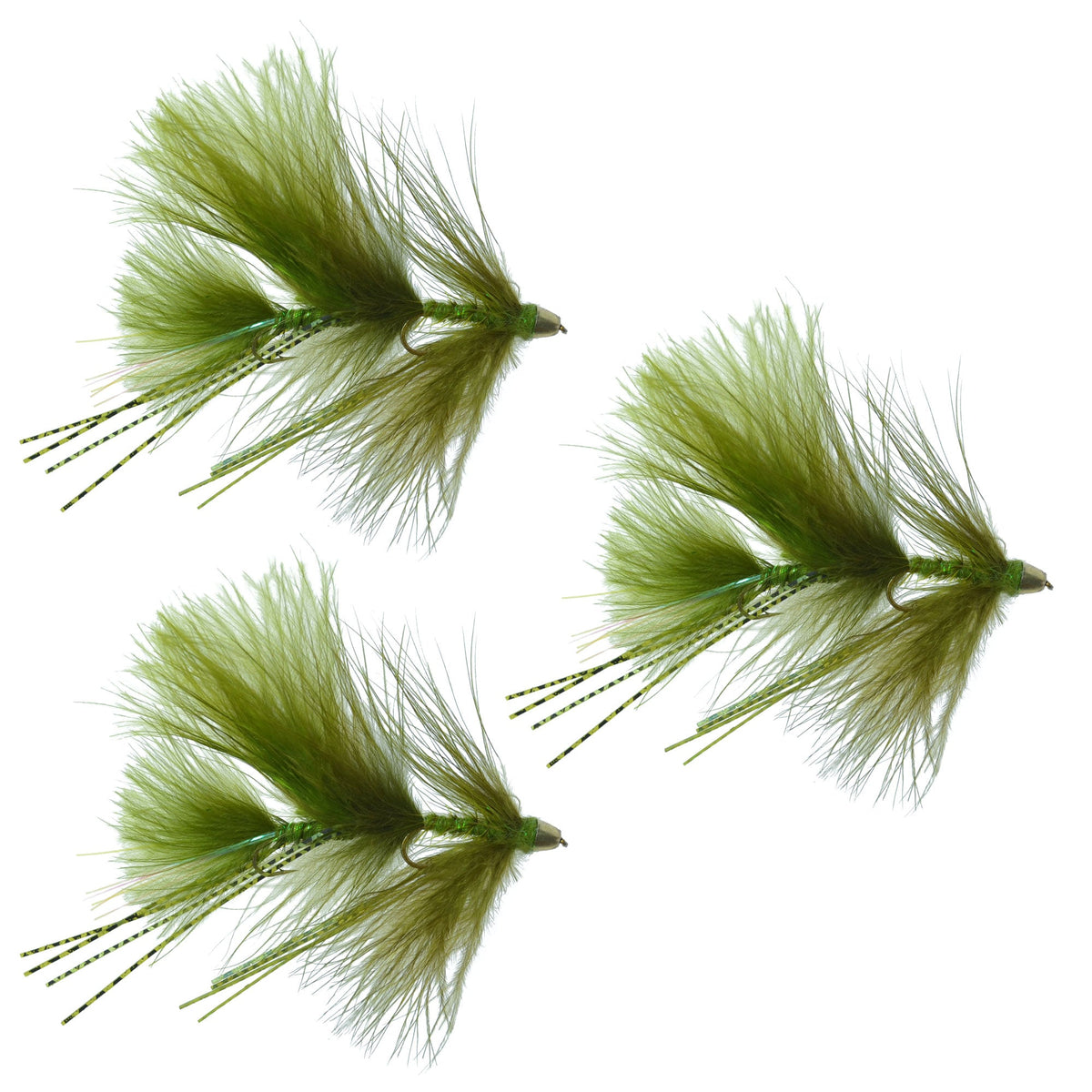 Set of three Circus Peanut Envy Olive trout wet flies, size 6, by The Fly Fishing Place, designed for fly fishing freshwater fishing.