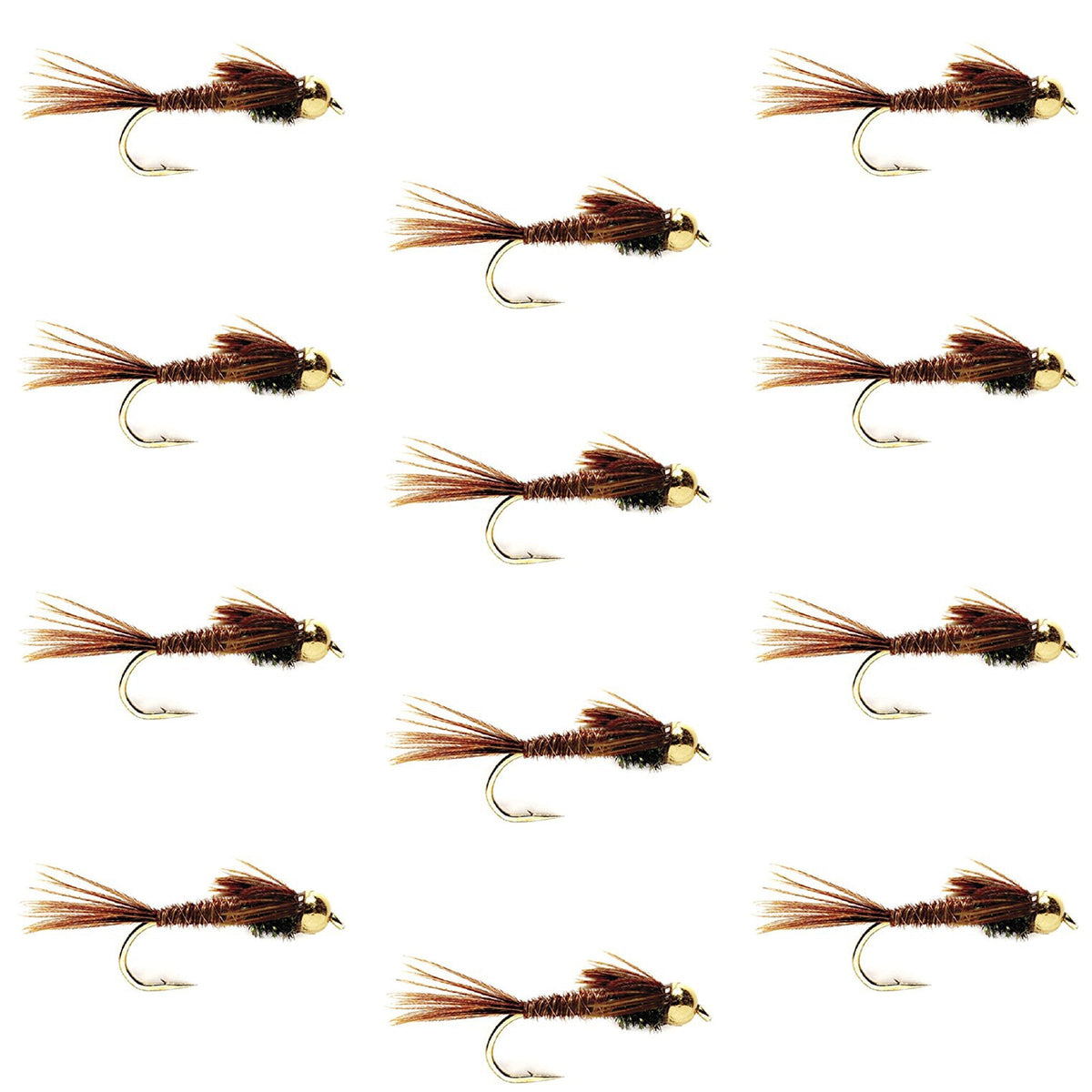Set of 12 Bead Head Pheasant Tail Nymph trout wet flies, size 14, designed for fly fishing by The Fly Fishing Place.