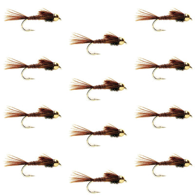 Set of 12 tungsten bead head pheasant tail nymph fishing flies in size 18 for trout fishing, featuring realistic wet fly design.
