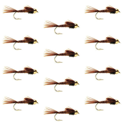Set of 12 tungsten bead head pheasant tail nymph flies for trout fishing, size 12, featuring realistic wet fly design.