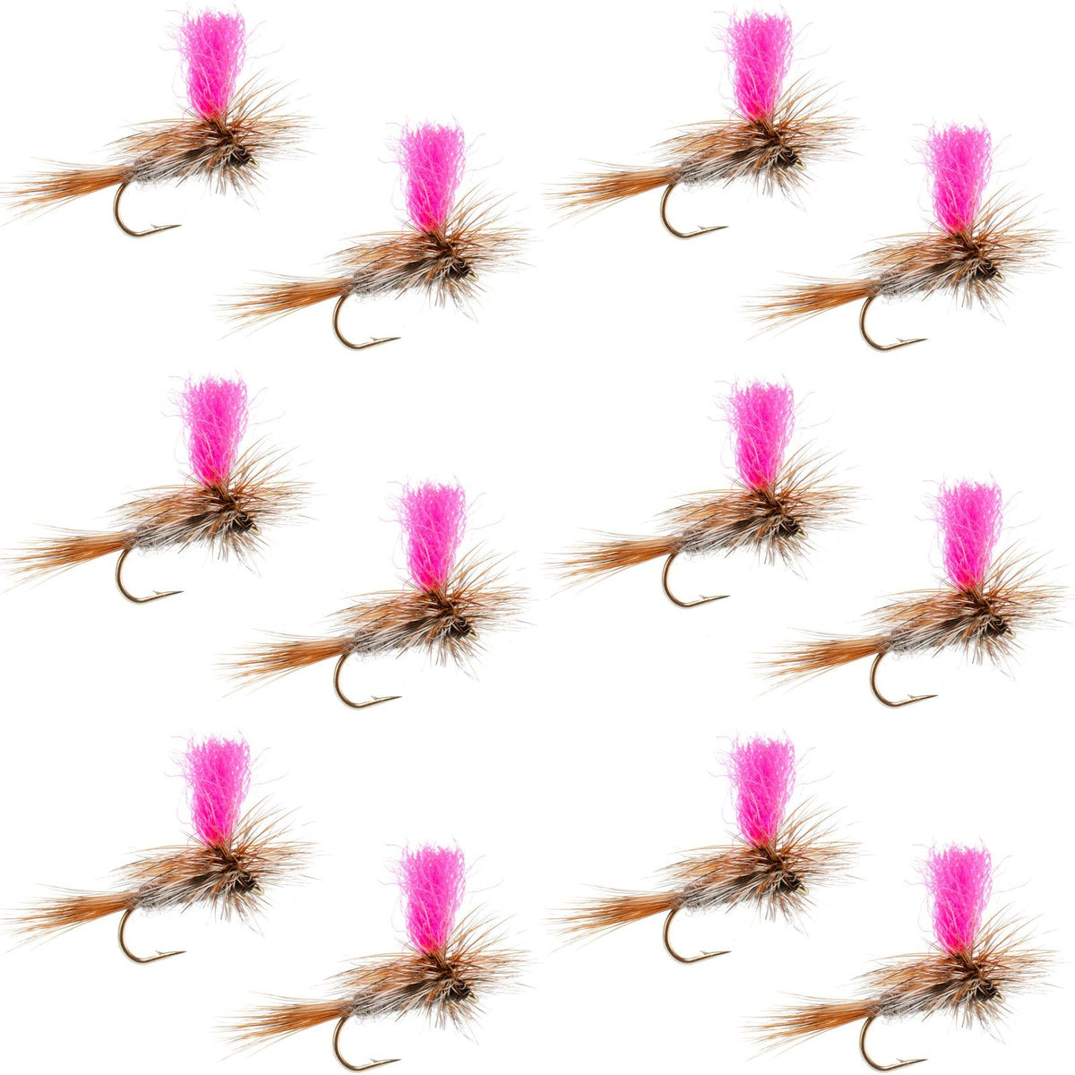 Set of 12 pink Adams Hi-Viz Parachute Classic Dry Flies for trout fishing, size 10 hooks, by The Fly Fishing Place.