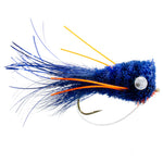 Three blue and orange bass popper flies with weed guards, size 6, designed for bass fishing from The Fly Fishing Place.