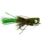 Olive Flashtail Bass Popper fly with wide gape hooks and weed guard, ideal for bass fishing, by The Fly Fishing Place.