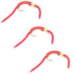 Three red V-rib San Juan Power Worm wet flies with gold beads, size 12 hooks, for trout fishing by The Fly Fishing Place.