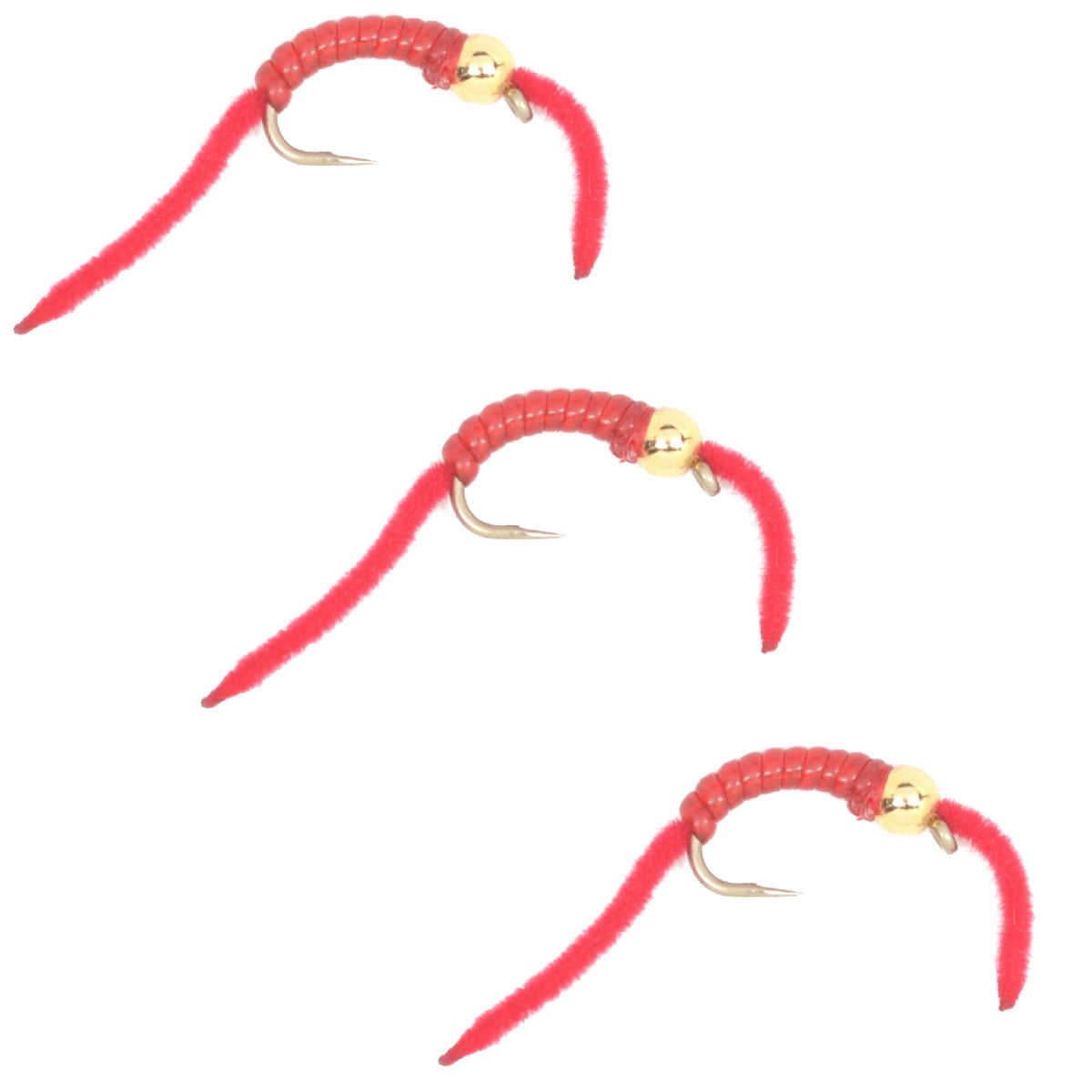 Set of three San Juan Power Worm Gold Bead Head Red V-Rib Trout Wet Flies on size 14 hooks for fly fishing.