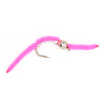 Trout fly assortment featuring pink and silver Power Bead San Juan Worm wet nymph flies on size 10 hooks, 1 dozen with 4 patterns.