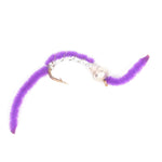 Trout fly assortment featuring purple and silver San Juan Worm wet flies for fly fishing, with hooks size 10, 3 of each pattern.