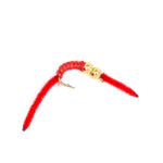 Three red V-ribbed Power Worm trout wet flies with double bead hooks, size 12, for fishing from The Fly Fishing Place.