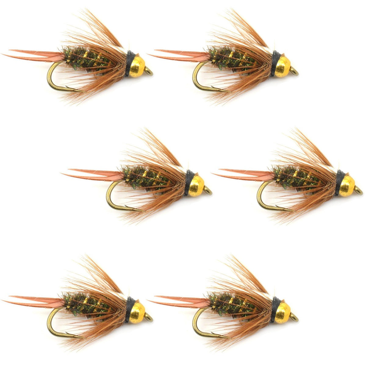 Set of 6 Bead Head Prince Nymph Trout Wet Flies by The Fly Fishing Place, size 14, featuring realistic fly fishing lure details.