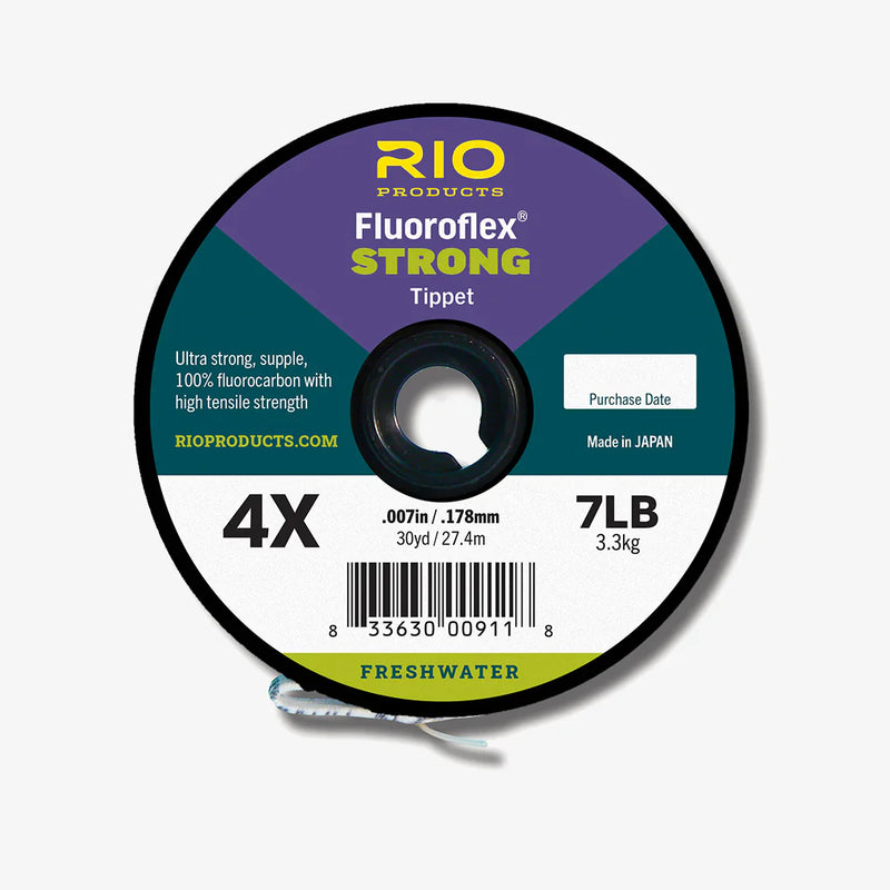 RIO Fluoroflex Strong Tippet spool showing 30 yards of clear, durable fluorocarbon fishing line for fly fishing.