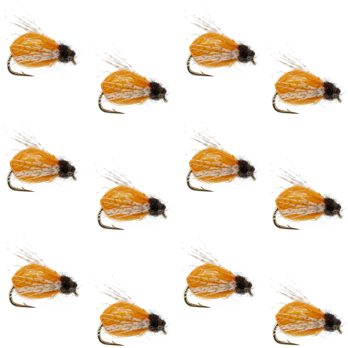 Set of 12 LaFontaine Amber Deep Sparkle Caddis Pupa nymph flies with size 12 hooks for fly fishing, featuring iridescent amber and sparkle details.