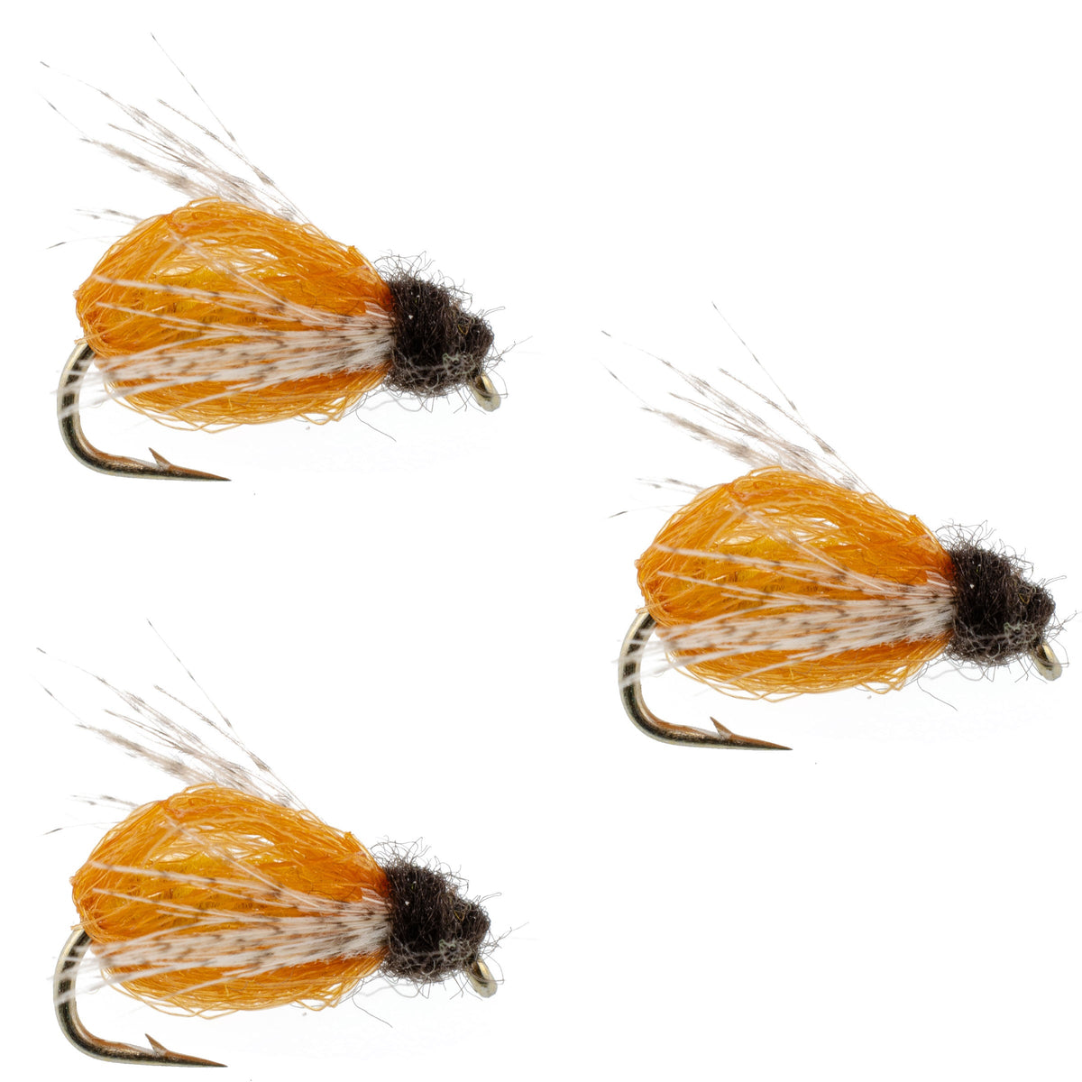 Set of three LaFontaine Amber Deep Sparkle Caddis Pupa nymph flies with hook size 18 for fly fishing, showing detailed sparkly emerger pattern.