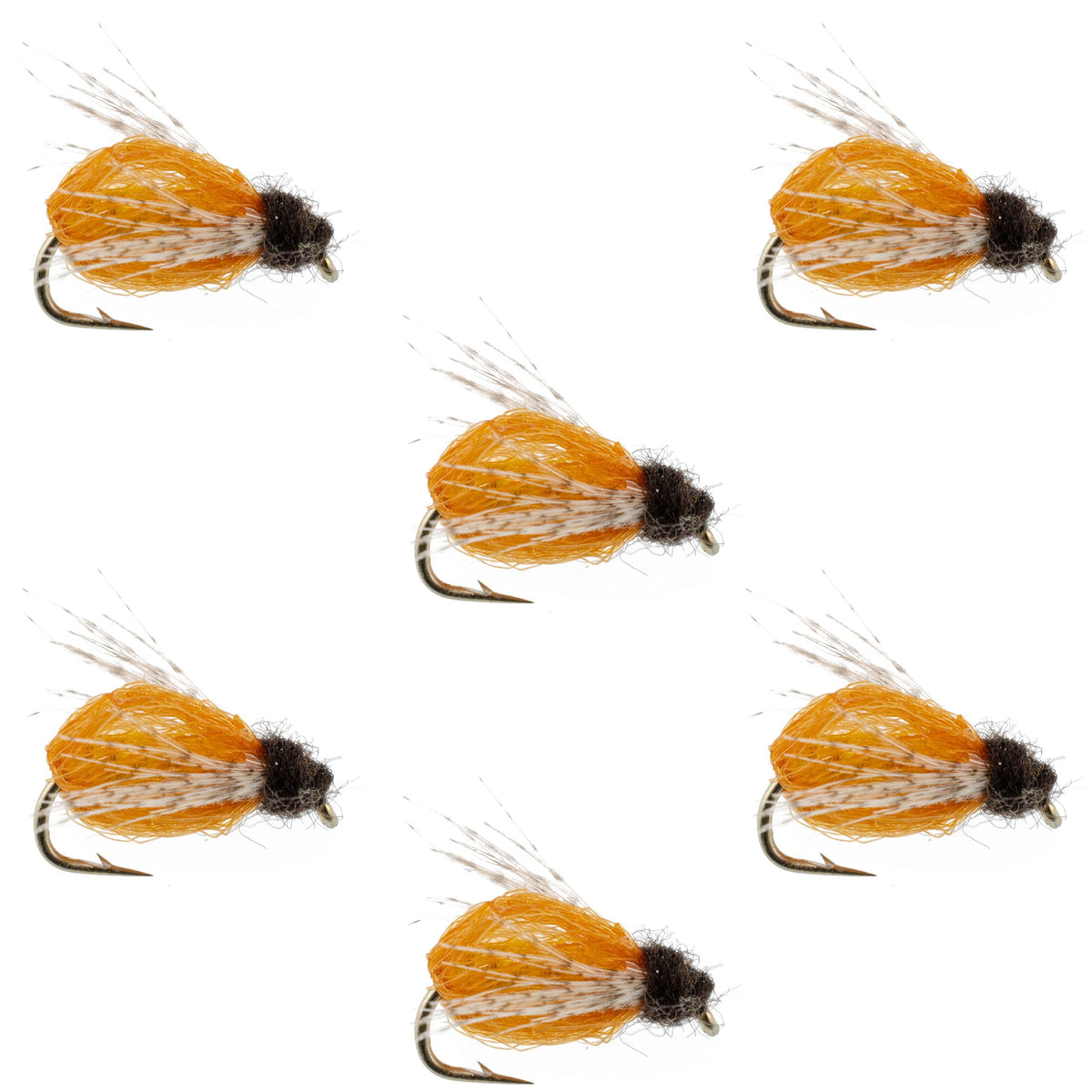 Set of six LaFontaine Amber Deep Sparkle Caddis Pupa nymph flies with size 14 hooks for fly fishing.