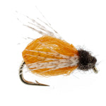 LaFontaine Amber Deep Sparkle Caddis Pupa nymph fly on hook, designed for fly fishing, shown in size 12 with shimmering amber color.
