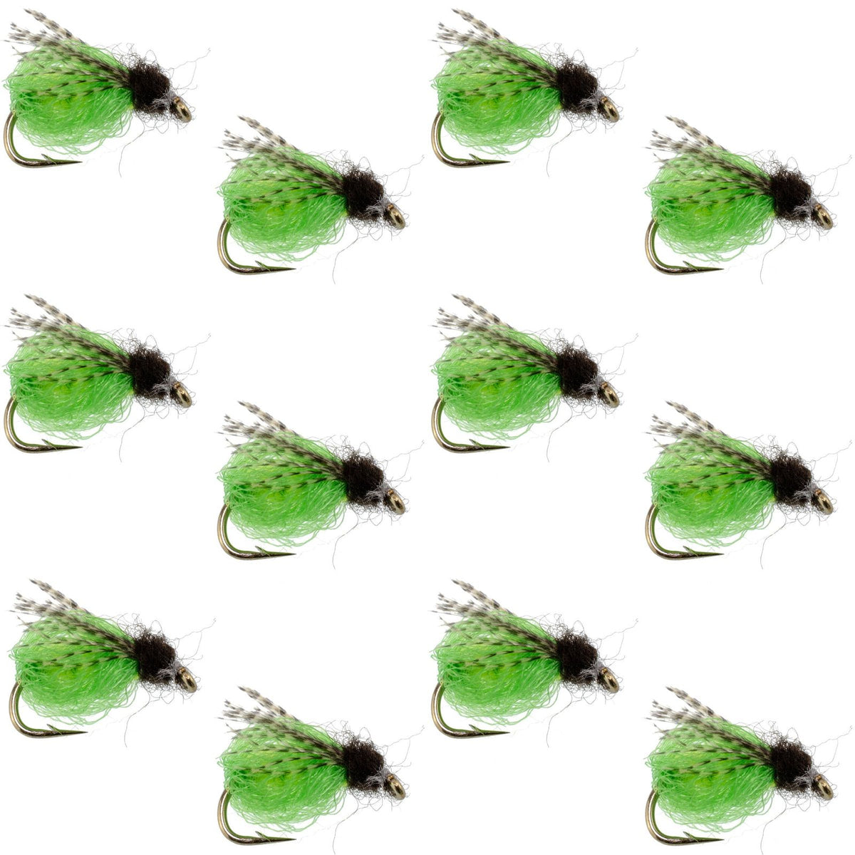 Bright green deep sparkle caddis pupa fly set of 12 for fly fishing, featuring hook size 12, by The Fly Fishing Place