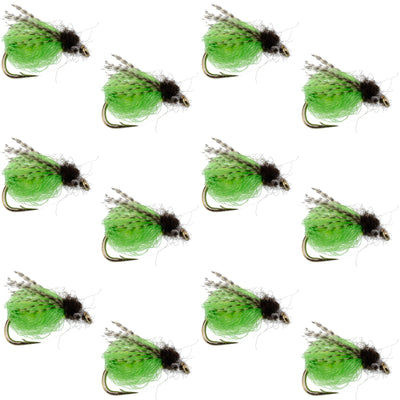 Bright green deep sparkle caddis pupa fly set of 12 for fly fishing, featuring hook size 12, by The Fly Fishing Place