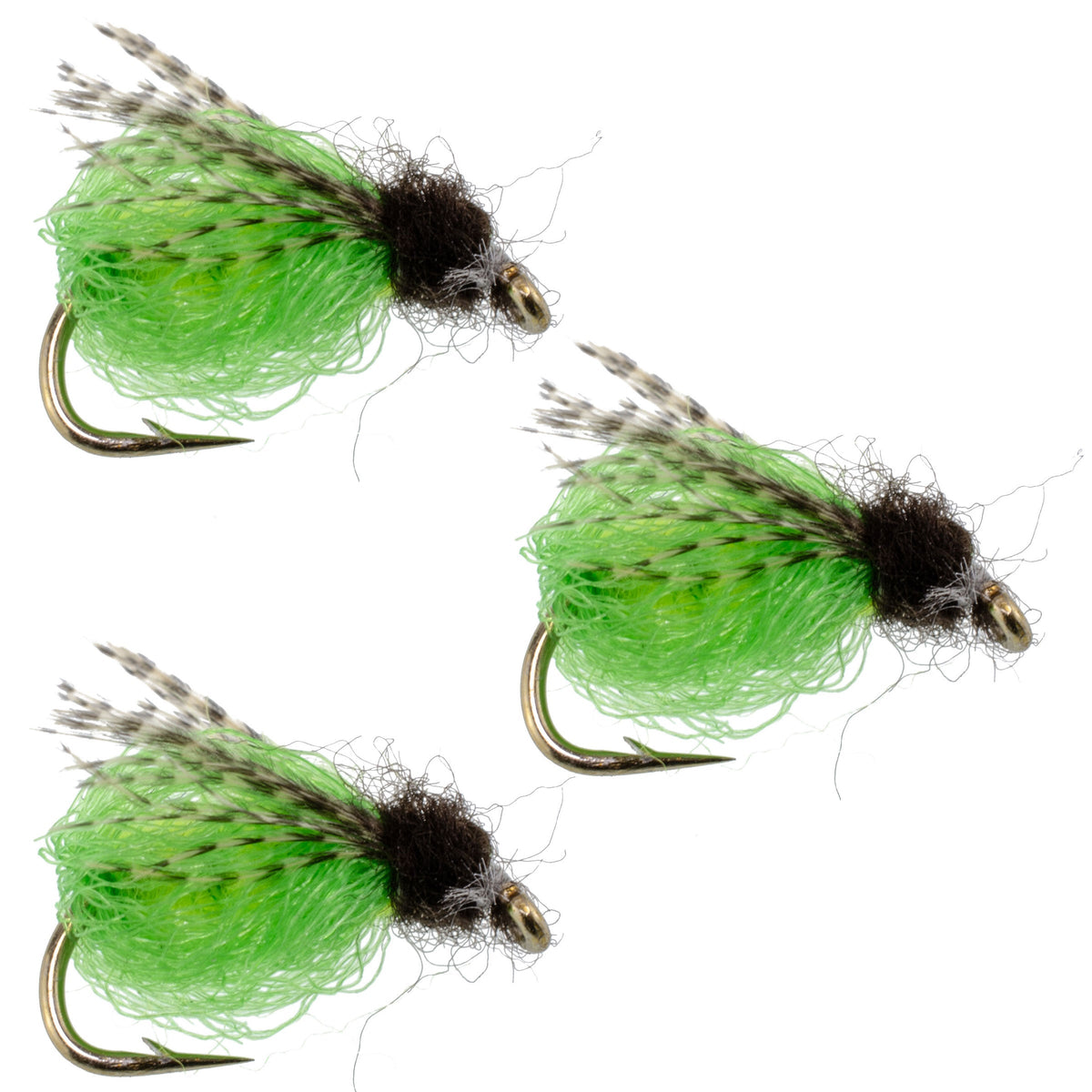 Three bright green LaFontaine deep sparkle caddis pupa nymph flies with hooks size 18, designed for fly fishing.