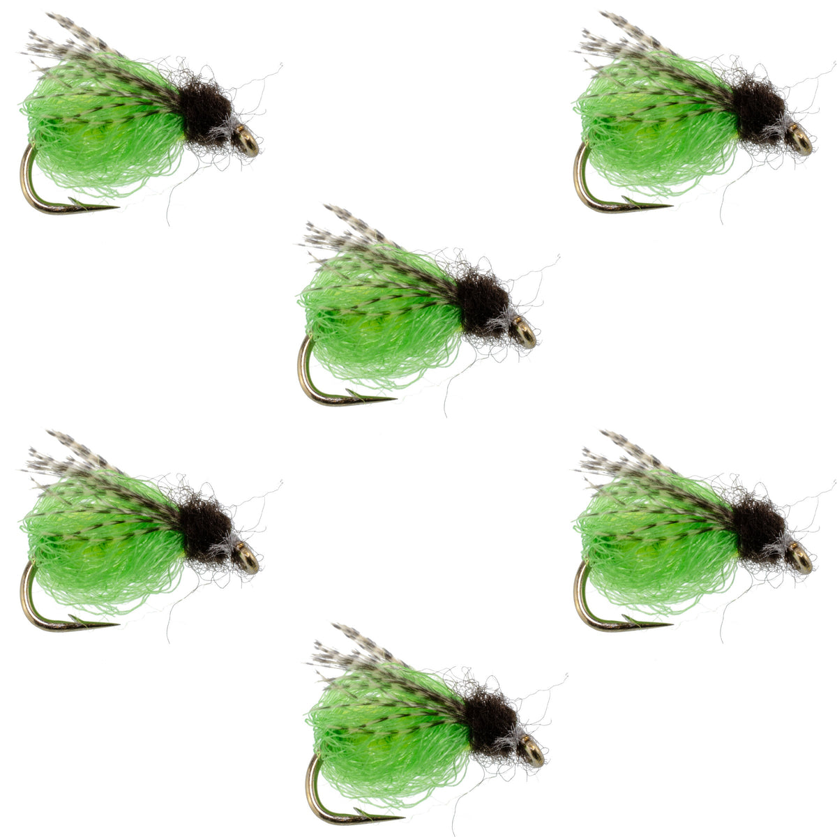 Set of six LaFontaine Bright Green Deep Sparkle Caddis Pupa nymph flies with size 16 hooks for fly fishing.