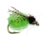 Bright green deep sparkle Caddis Pupa fly for fishing, size 16, featuring a detailed hook and shimmering, realistic caddis nymph design.