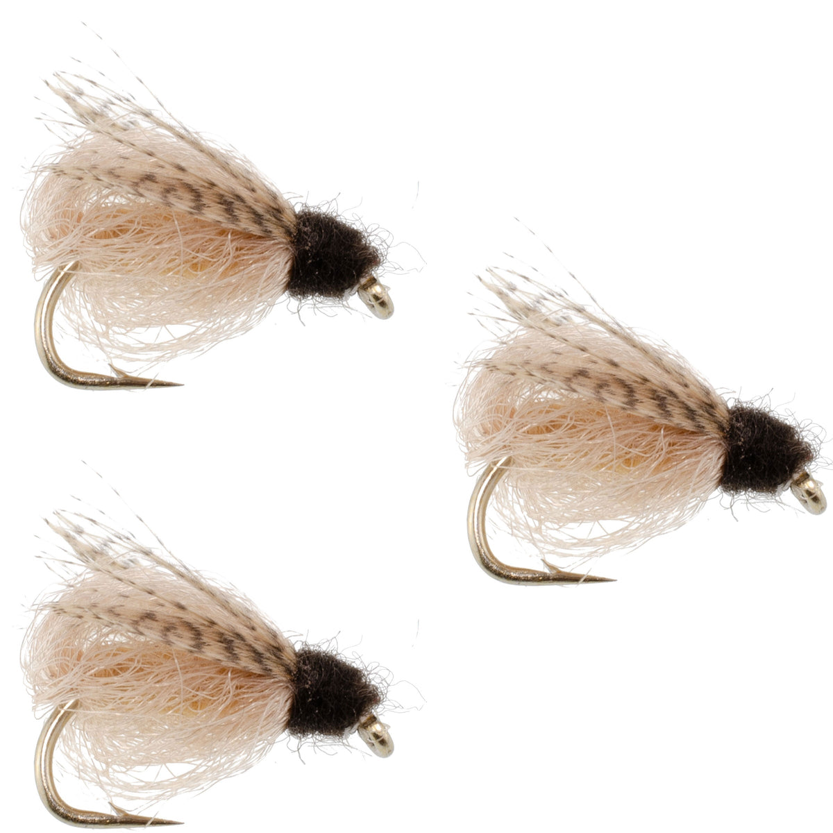 Three LaFontaine Tan Deep Sparkle Caddis Pupa nymph flies with hooks size 18, designed for fly fishing, featuring shimmering tan coloration.