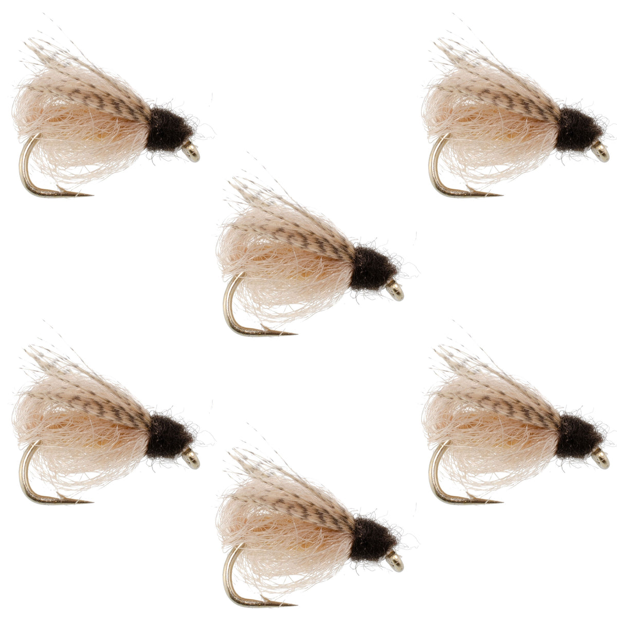 Set of six LaFontaine Tan Deep Sparkle Caddis Pupa nymph flies with size 14 hooks, ideal for fly fishing.