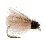 LaFontaine Tan Deep Sparkle Caddis Pupa fly for fishing, size 18, with a tan body and shimmering details, on a hook.