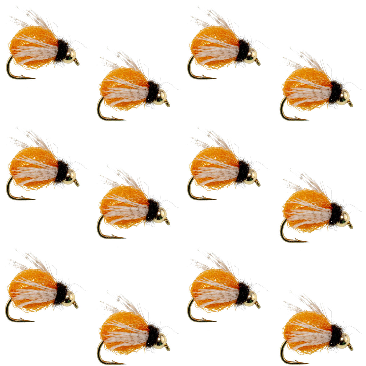 Bead Head LaFontaine Amber Deep Sparkle Caddis Pupa fly set of 12 for fly fishing, size 14, with shimmering amber caddis nymphs.