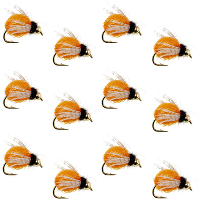 Bead Head LaFontaine Amber Deep Sparkle Caddis Pupa fly set of 12 for fly fishing, size 14, with shimmering amber caddis nymphs.