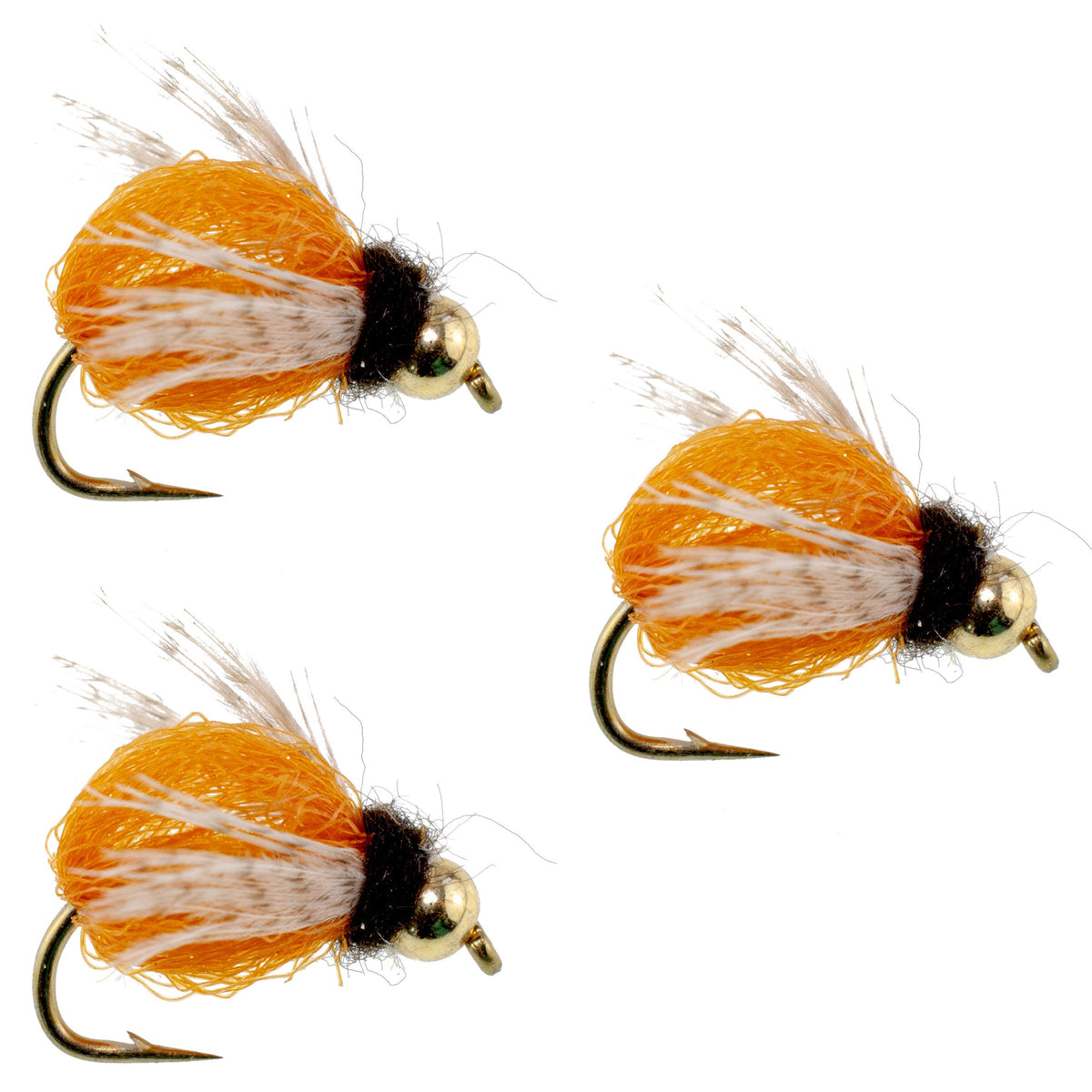 Three LaFontaine Amber Deep Sparkle Caddis Pupa nymph flies on hooks, designed for fly fishing, hook size 18.