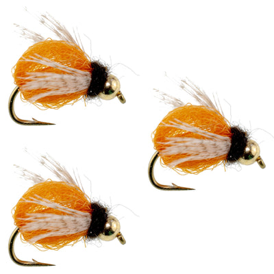 Three LaFontaine Amber Deep Sparkle Caddis Pupa nymph flies on hooks, designed for fly fishing, hook size 18.