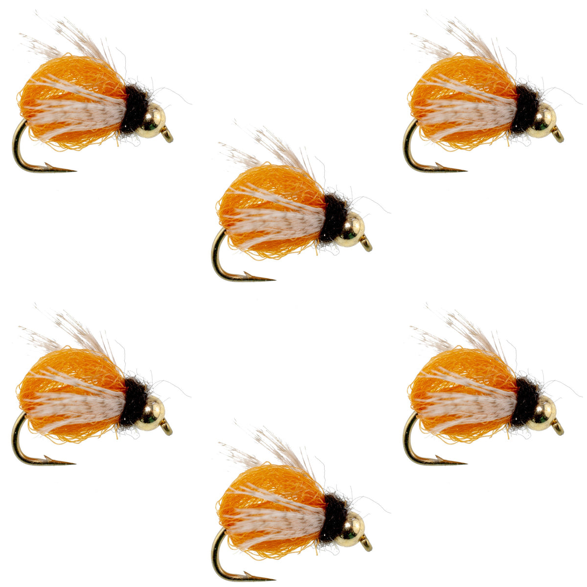Set of 6 Bead Head LaFontaine Amber Deep Sparkle Caddis Pupa flies for fly fishing, size 16, featuring realistic caddis nymph design.