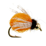 Three LaFontaine Amber Deep Sparkle Caddis Pupa nymph flies with hooks size 18, designed for fly fishing, featuring shimmering amber bodies.
