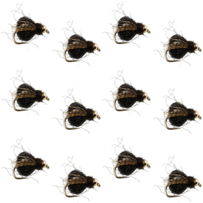 Set of 12 Bead Head LaFontaine Black Deep Sparkle Caddis Pupa nymph flies for fly fishing, size 18, by The Fly Fishing Place
