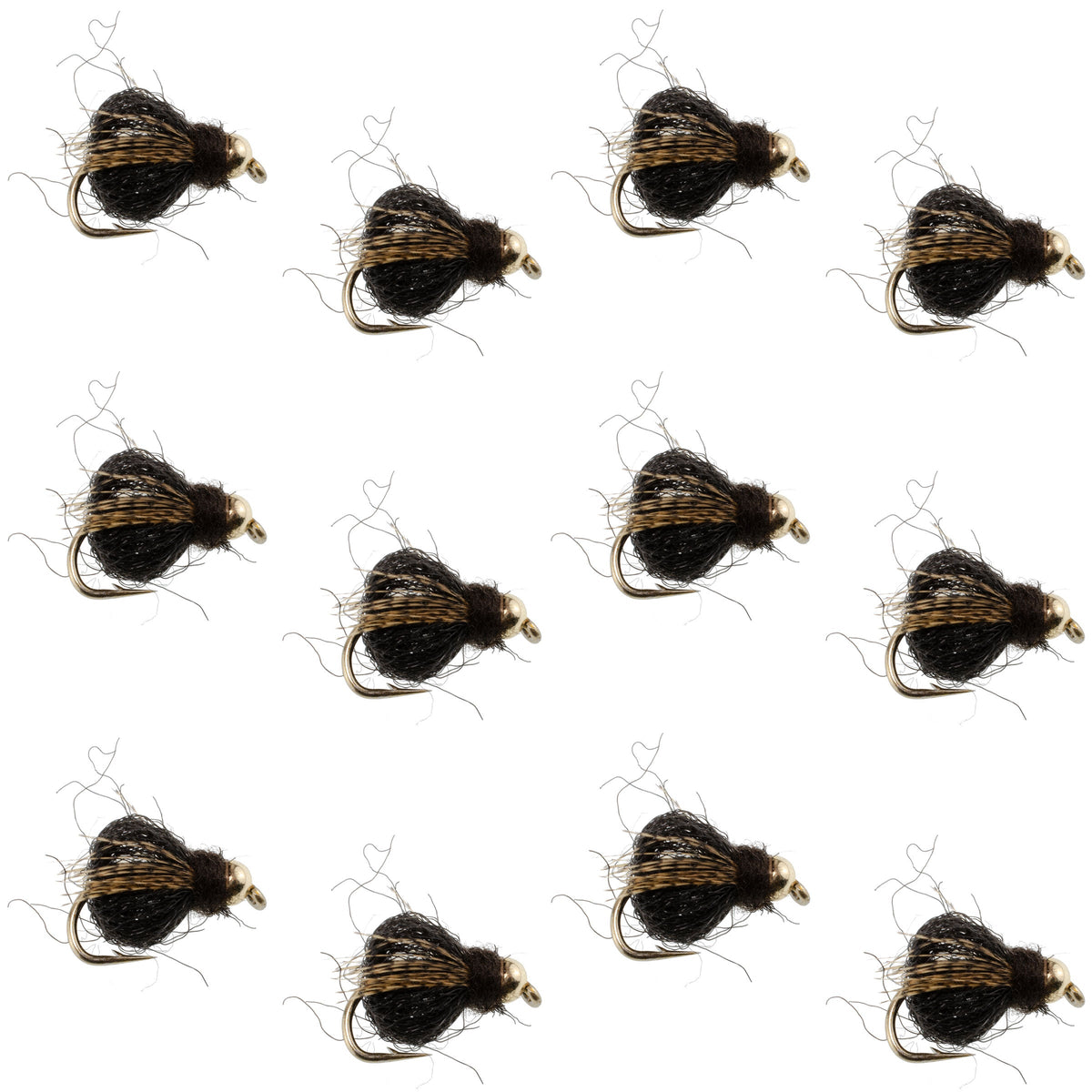 Bead Head LaFontaine Black Deep Sparkle Caddis Pupa fly set of 12 for fly fishing, size 16, by The Fly Fishing Place