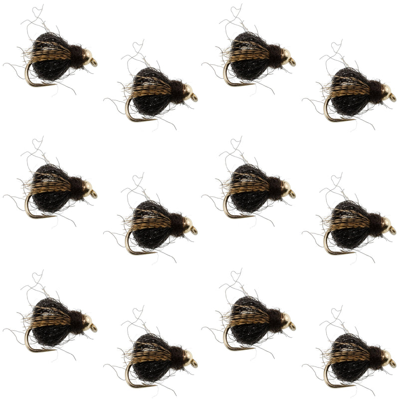 Bead Head LaFontaine Black Deep Sparkle Caddis Pupa fly set of 12 for fly fishing, size 16, by The Fly Fishing Place