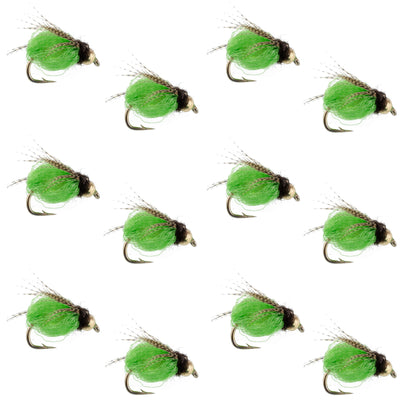Bead Head LaFontaine Green Deep Sparkle Caddis Pupa fly set of 12, size 14, for fly fishing, featuring bright green nymphs with sparkle.