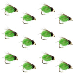 Bead Head LaFontaine Green Deep Sparkle Caddis Pupa flies set of 12, size 16, for fly fishing, featuring bright green and sparkling details.