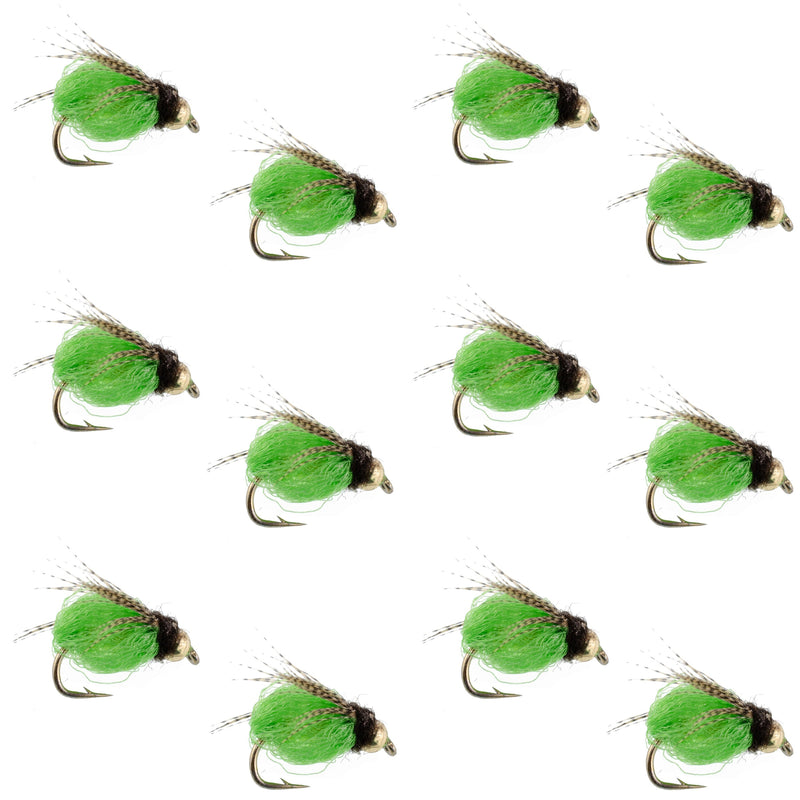 Bead Head LaFontaine Green Deep Sparkle Caddis Pupa flies set of 12, size 16, for fly fishing, featuring bright green and sparkling details.
