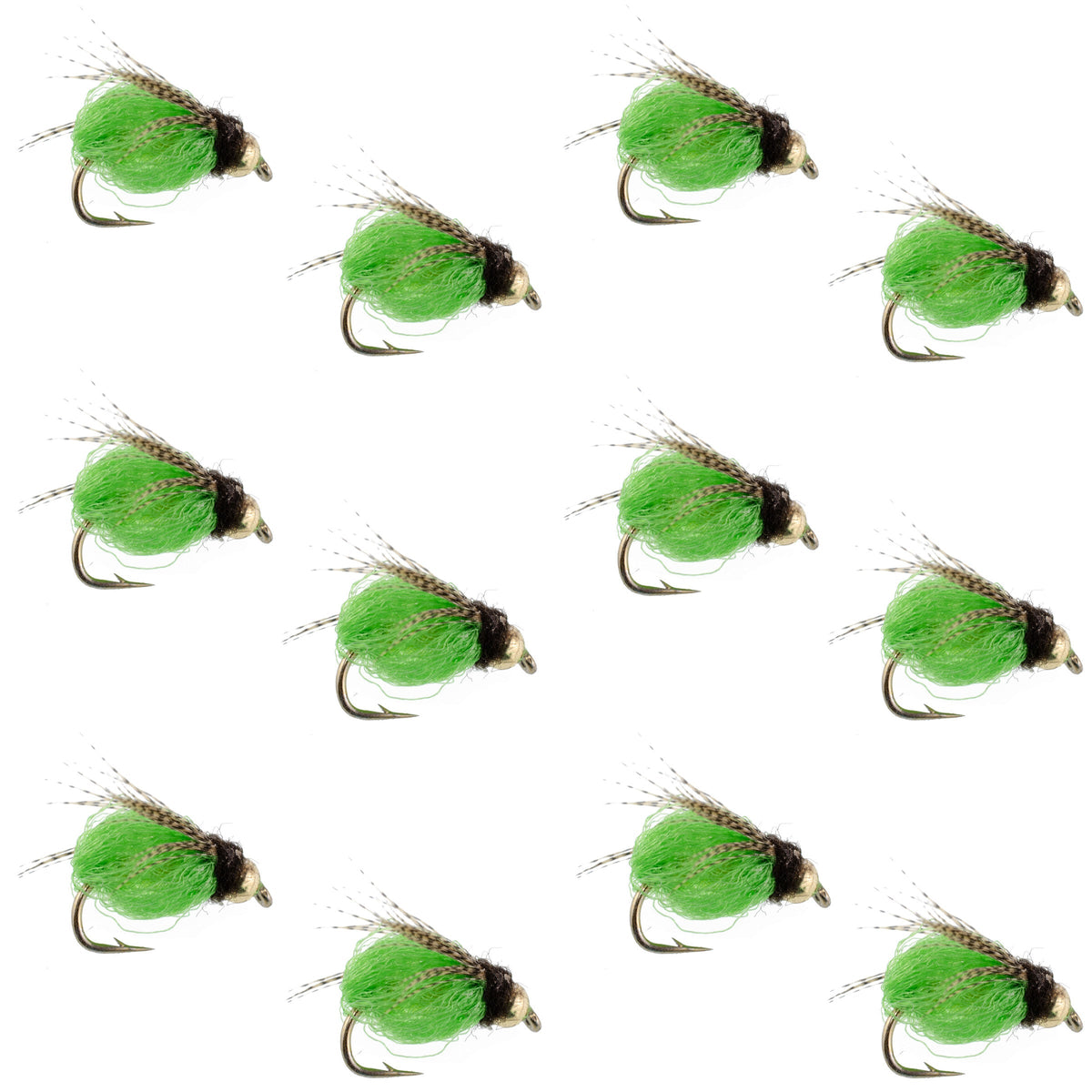 Bead Head LaFontaine Green Deep Sparkle Caddis Pupa fly set of 12 for fly fishing, Size 12, featuring bright green sparkle details.