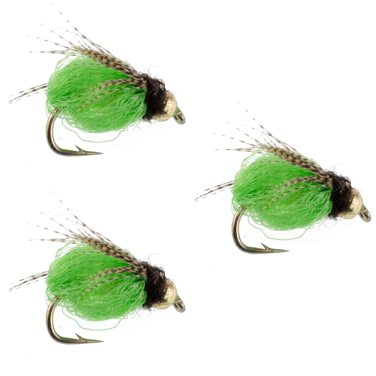 Set of three LaFontaine Bright Green Caddis Pupa nymph flies with sparkling deep green bodies, size 18 hooks for fly fishing.