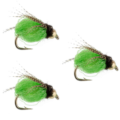 Three bright green deep sparkle caddis pupa nymph flies with hooks size 14, designed for fly fishing, by The Fly Fishing Place.