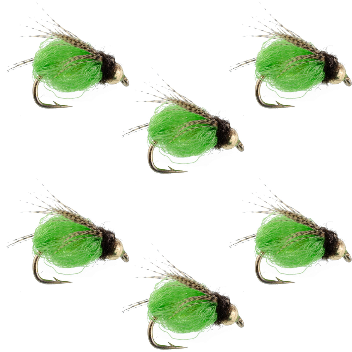 Set of six Bead Head LaFontaine Bright Green Deep Sparkle Caddis Pupa nymph flies with hooks size 18, ideal for fly fishing.