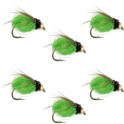 Bright green Bead Head LaFontaine Caddis Pupa Nymph Flies set of 6, size 16, featuring sparkling deep green caddis fly imitations.