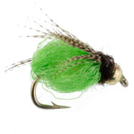 Three bright green sparkle Caddis Pupa nymph flies with hooks size 18 for fly fishing, featuring deep green iridescent bodies.